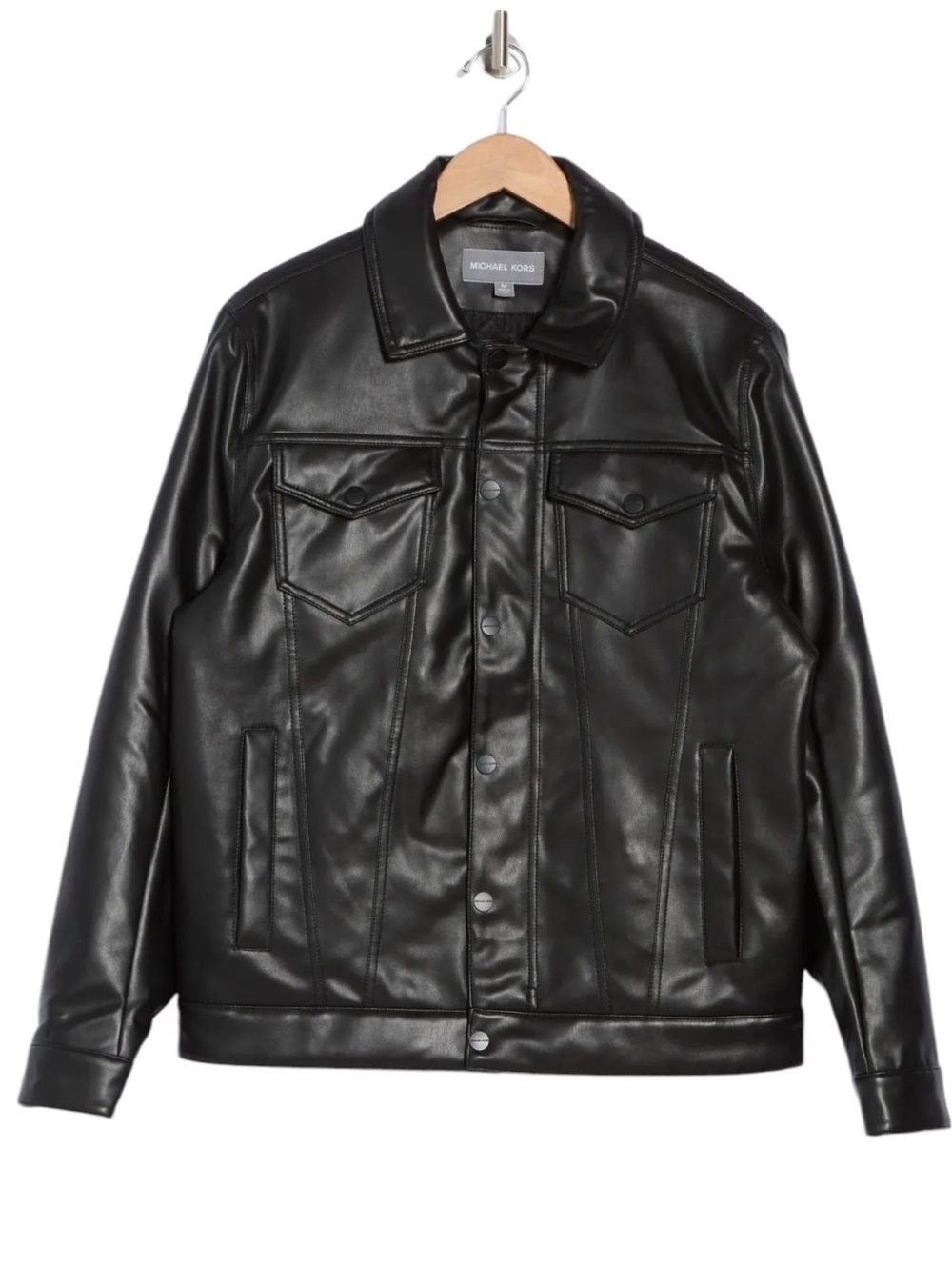 NWT Michael Kors Kingbury Faux Leather Trucker Jacket Black